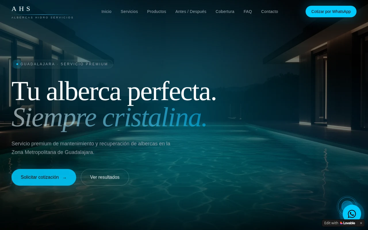 Published AHS Albercas Hidro Servicios website